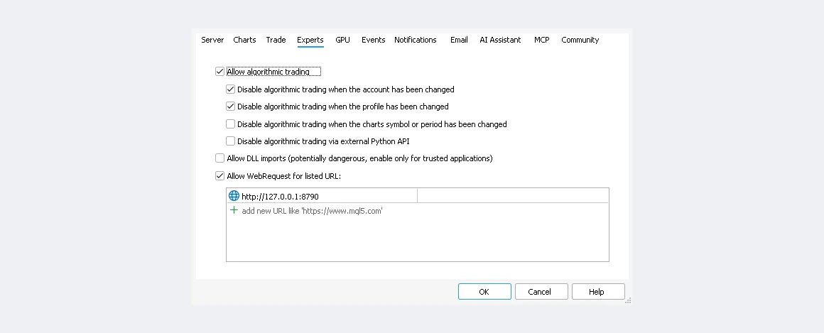 MetaTrader 5 Options → Expert Advisors, with algorithmic trading and WebRequest for http://127.0.0.1:8790 both allowed