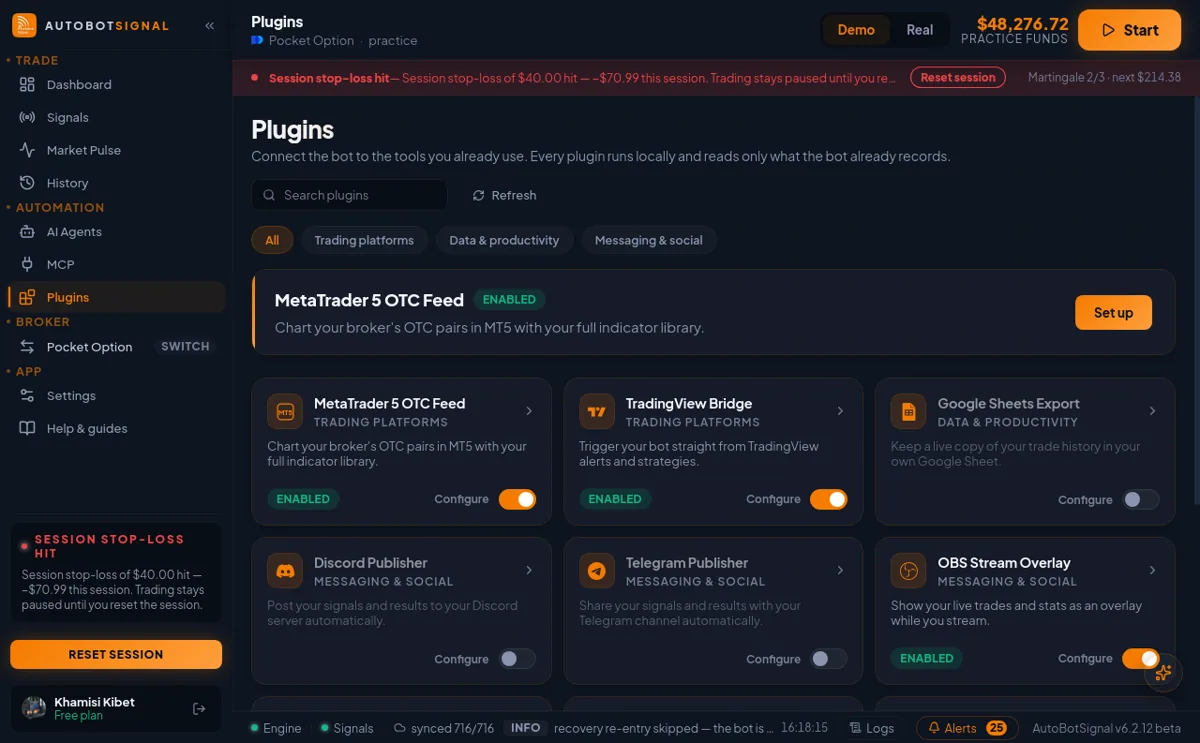 The Plugins page in the AutoBotSignal app with the MetaTrader 5 OTC Feed enabled